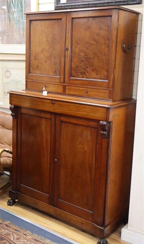 A Victorian mahogany two part cabinet with pigeonhole upper section W.110cm